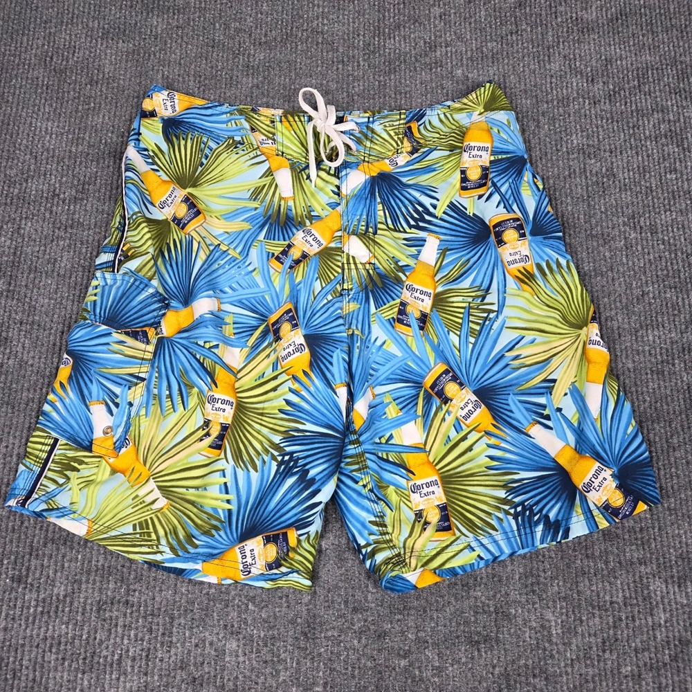 Corona Extra Mens Tropical Palm Beer Bottle Board Shorts Blue Green‎ Size 36